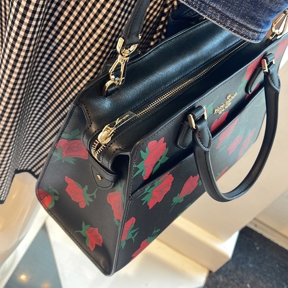 Kate Spade Madison Safiano Leather Medium Rose Toss Print Satchel Handbag Black - Picture 7 of 16